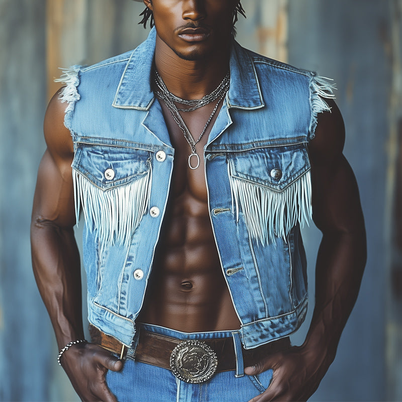 Men's Western Cowboy Style Vintage Tassel Denim Vest MTA1611E0U