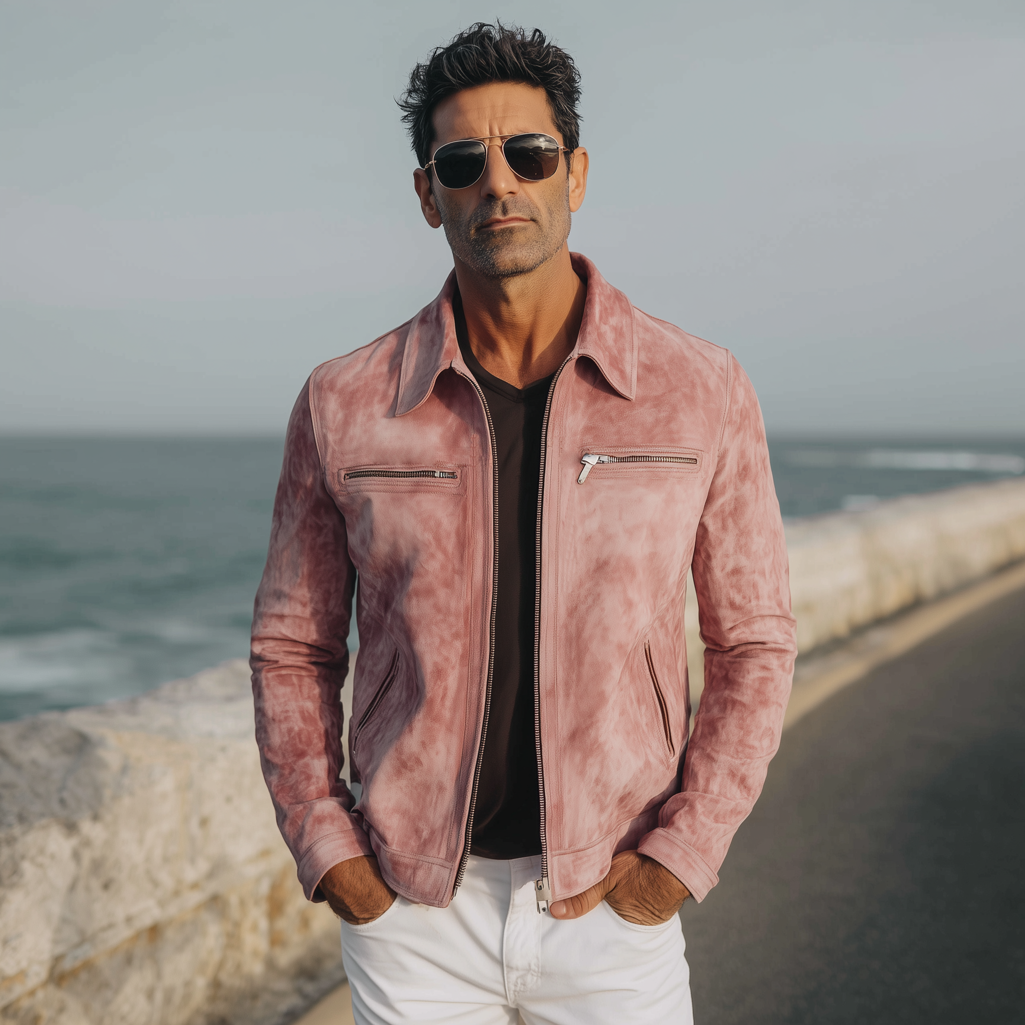 Men's Classic Casual Lapel Zipper Pink Suede Jacket MTA2026H8K