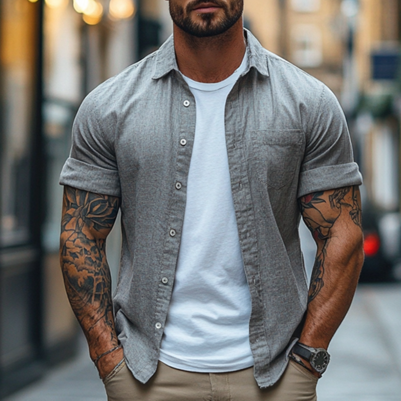 Men's Vintage Casual Linen Pocket Lapel Short Sleeve Shirt MTA2016E7TO