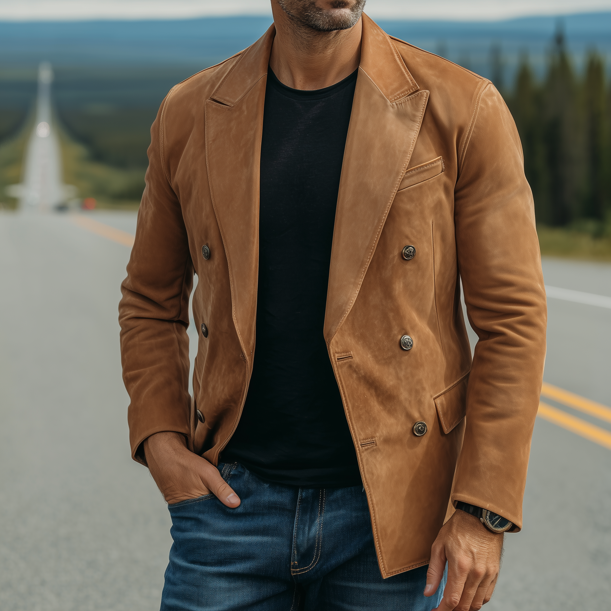 Men's Classic Retro Solid Color Suede Double-breasted Slim-fit Blazer MTA0550H0K