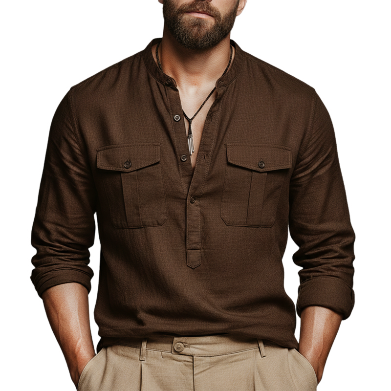 Men's Classic Cotton And Linen Dark Brown Button-down Collar Long-sleeved T-shirt MTZ0549B3U