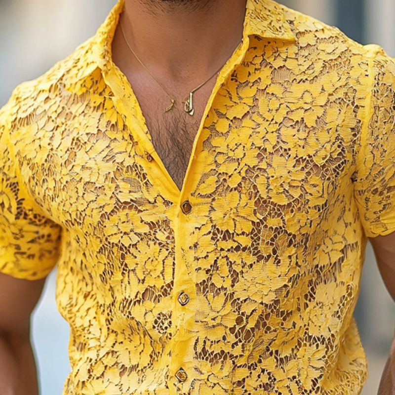 Men's Fashion Lace Lapel Short Sleeve Casual Shirt MTA1234E6Z