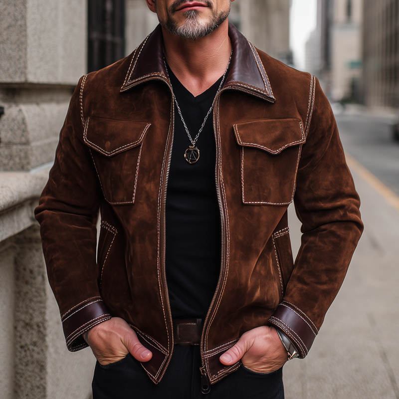 Men's Classic Suede And PU Leather Zip-up Jacket MTA0321I5U