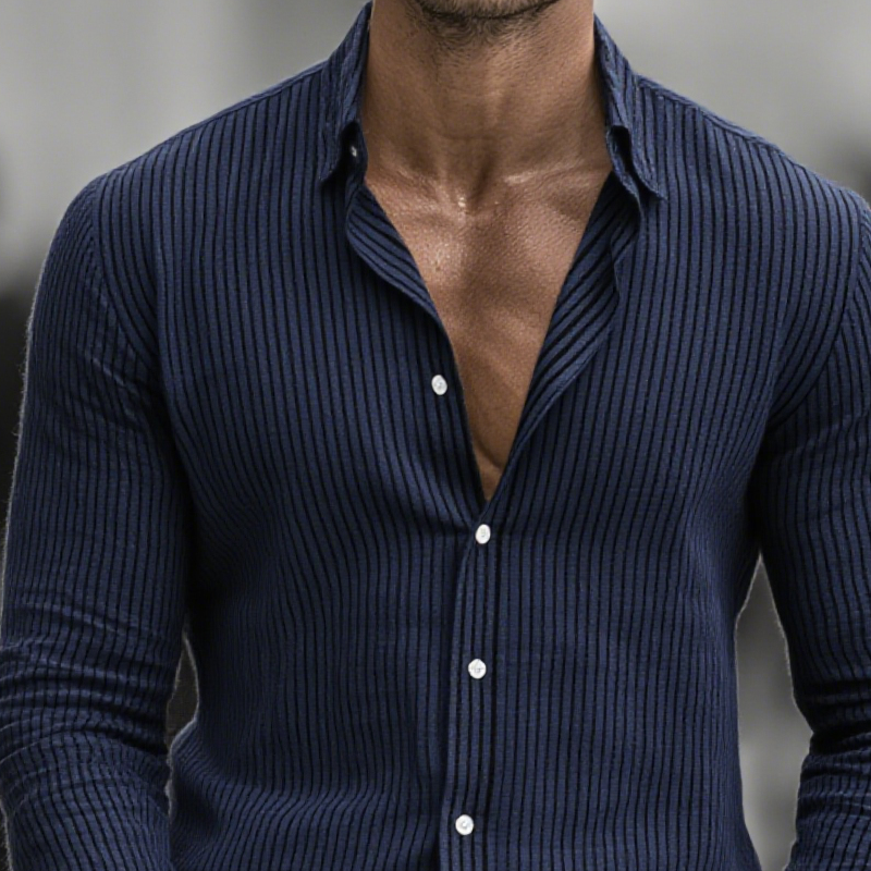Men's Cotton And Linen Vertical Stripe Lapel Long Sleeve Shirt MTA1272H5Z