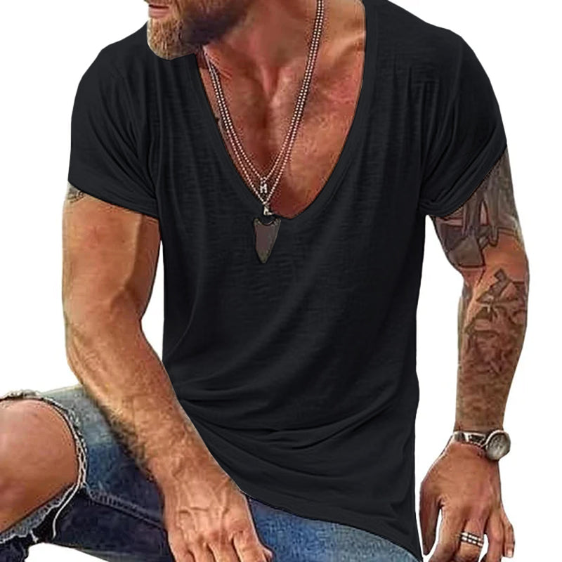 Men's Casual Cotton V Neck Short-Sleeved T-Shirt 00121855M