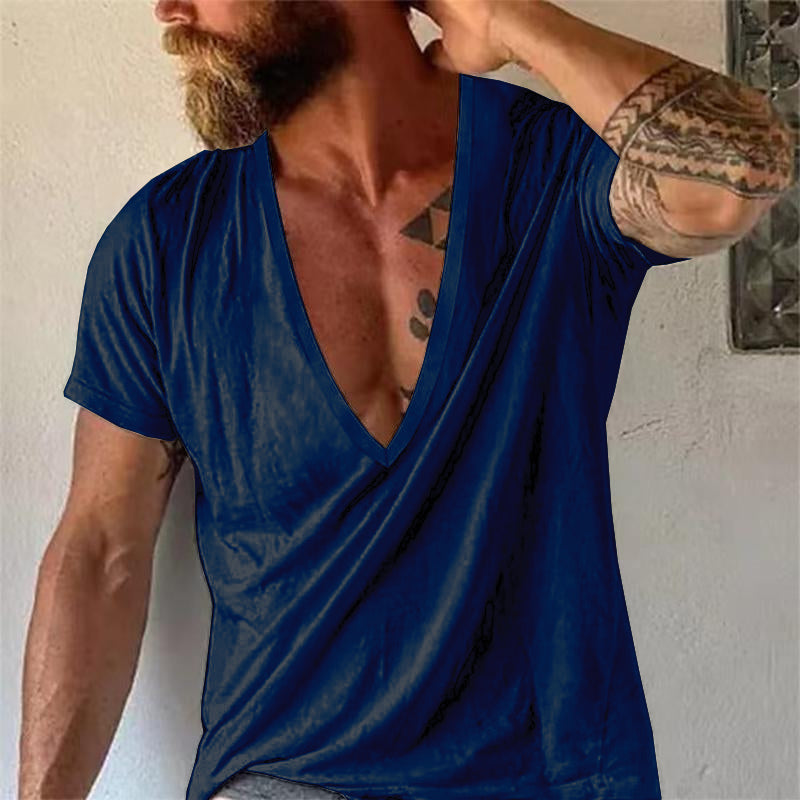 Men's Casual Solid Color V-Neck Short-Sleeved T-Shirt 19594146M