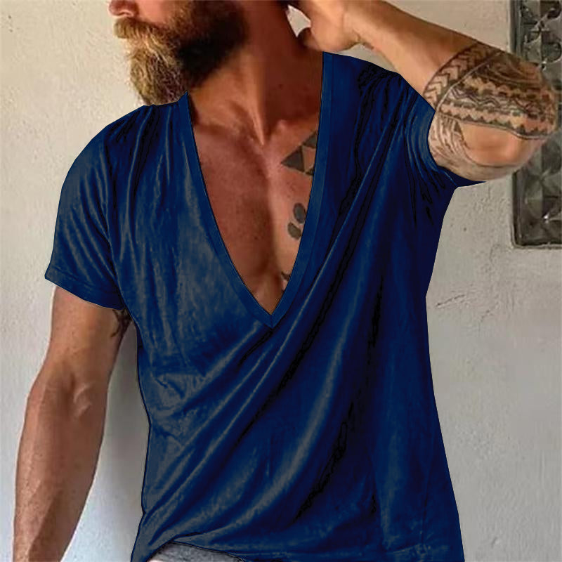 Men's Casual Solid Color V-Neck Short-Sleeved T-Shirt 19594146M ...