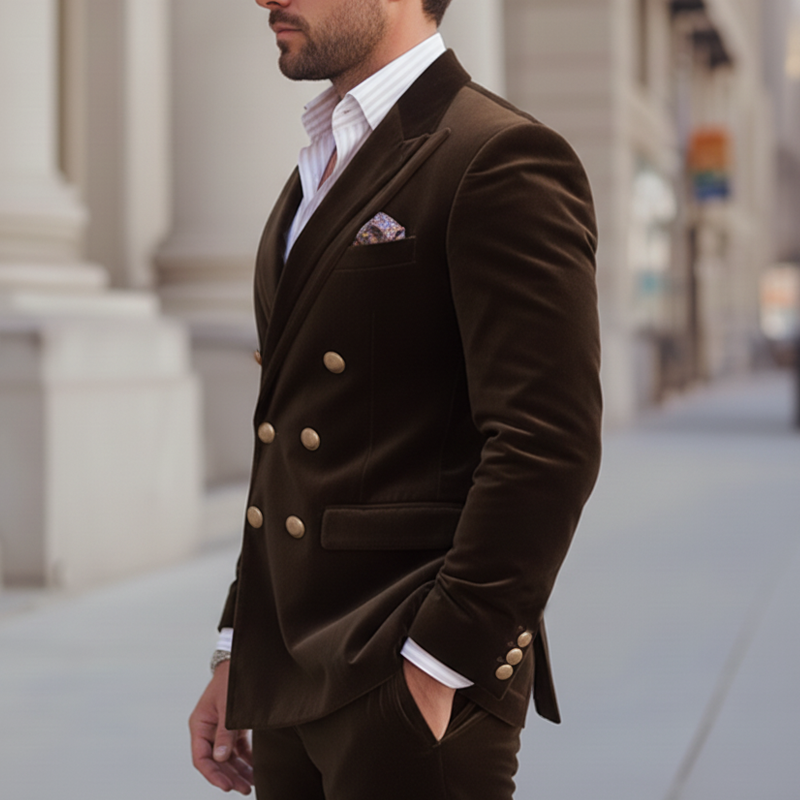 Men's Business Coffee Velvet Double-Breasted Double-Vent Blazer MTA0440K2U