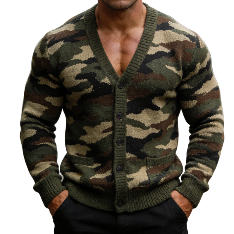 Men's Retro Casual Knit Camouflage Button-Up Cardigan MTA1523L2TO