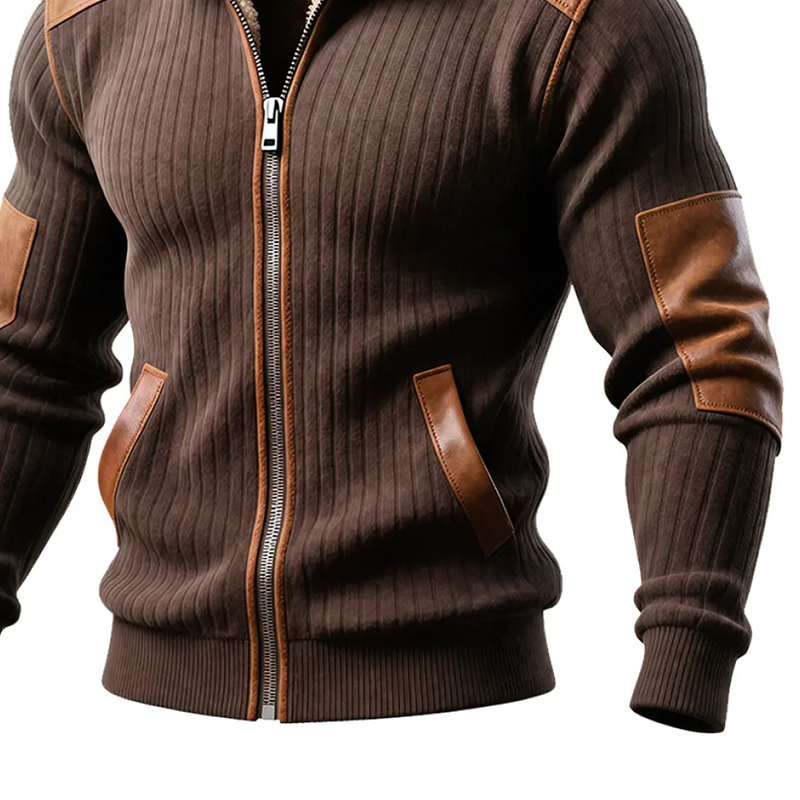 Men's Casual Knitted Stitching PU Lapel Zipper Jacket MTA0931J3X