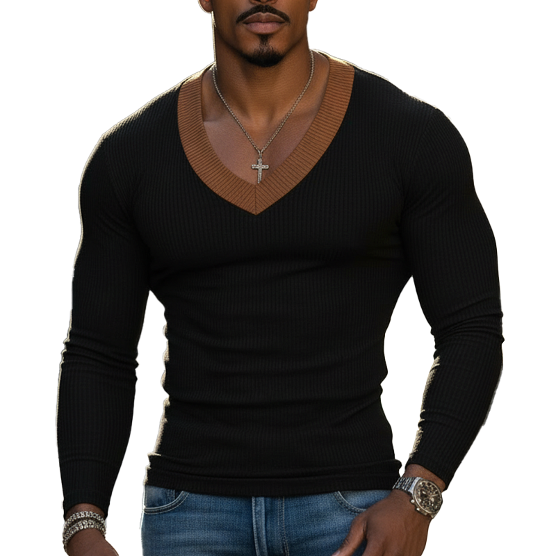 Men's Vintage Color-block V-neck Knitted Ribbed Slim-fit Long-sleeved T-shirt MTA2900L6P