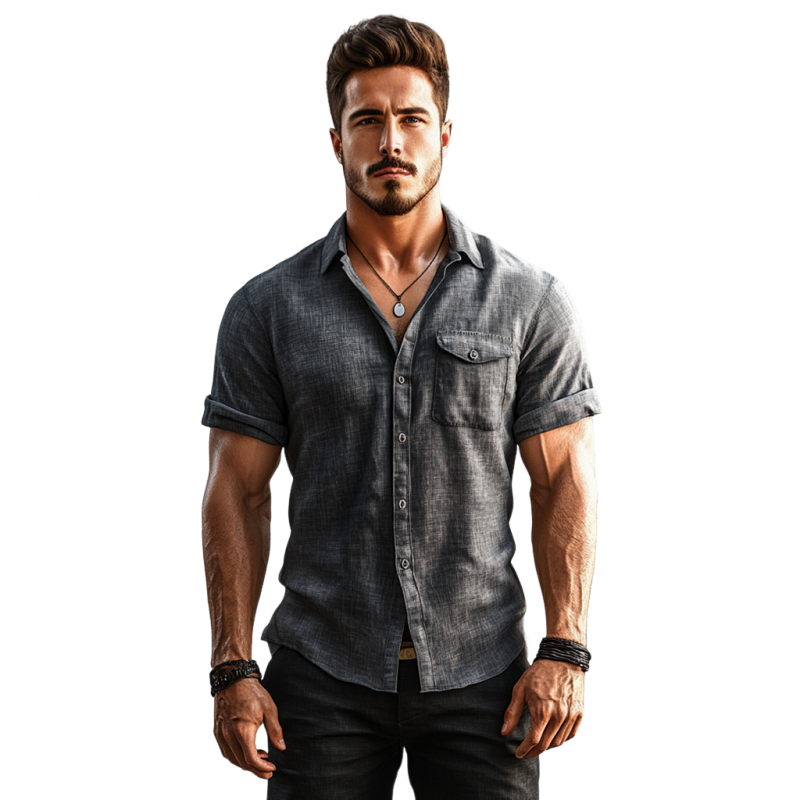 Men's Casual Breathable Linen Lapel Chest Pocket Slim Fit Short Sleeve Shirt MTA1529E4M