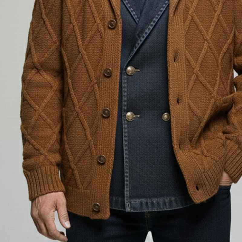 Men's Retro Plaid Jacquard Solid Color Lapel Knitted Start MTA1965I7X