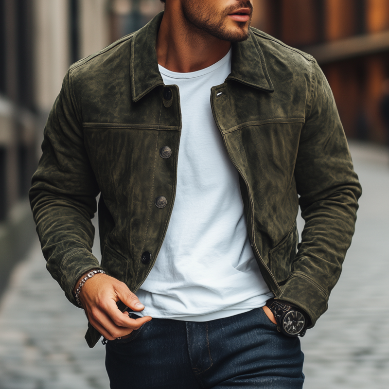 Men's Vintage Solid Faux Suede Lapel Single Breasted Slim Fit Jacket MTA2533G6M