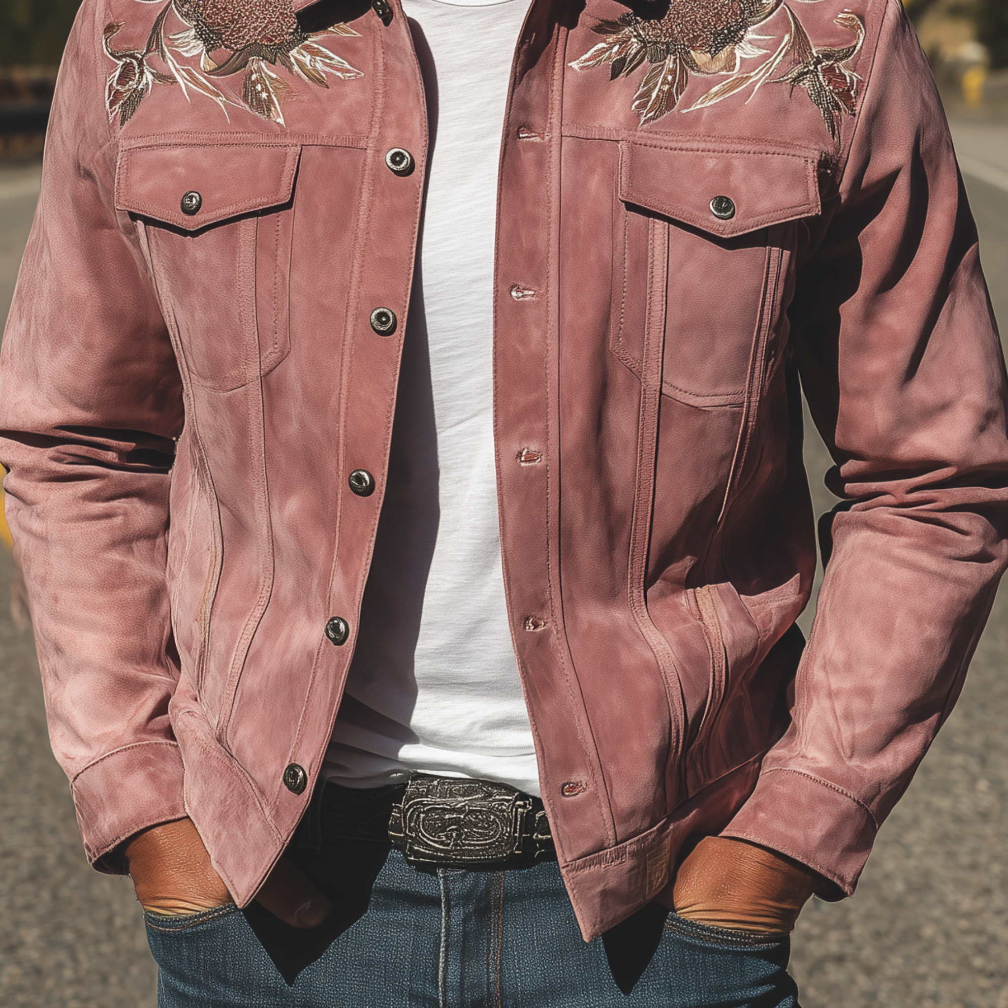 Men's Classic Retro Western Style Pink Suede Embroidered Jacket MTA1441H5K
