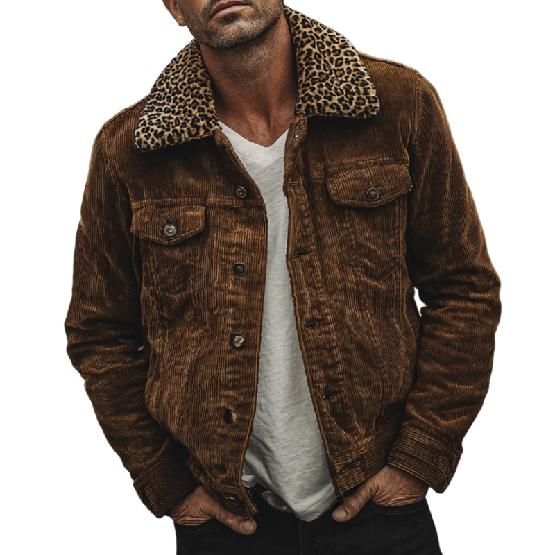 Men's Corduroy Patchwork Leopard Print Collar Vintage Jacket MTA1497H2X