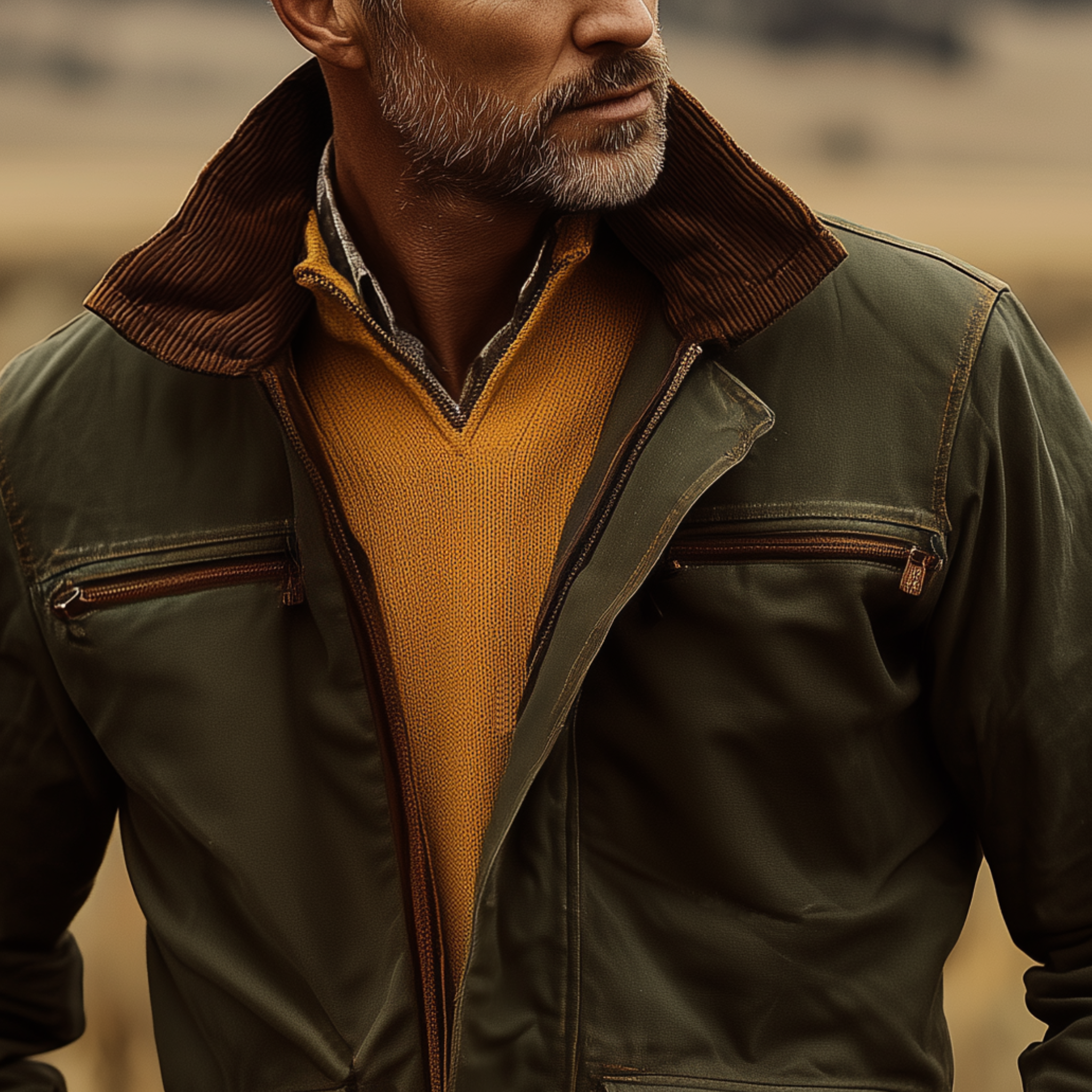 Men's Classic Western Style Corduroy Collar Multi-Pocket Zipper Cotton Blend Jacket MTA0547I5K