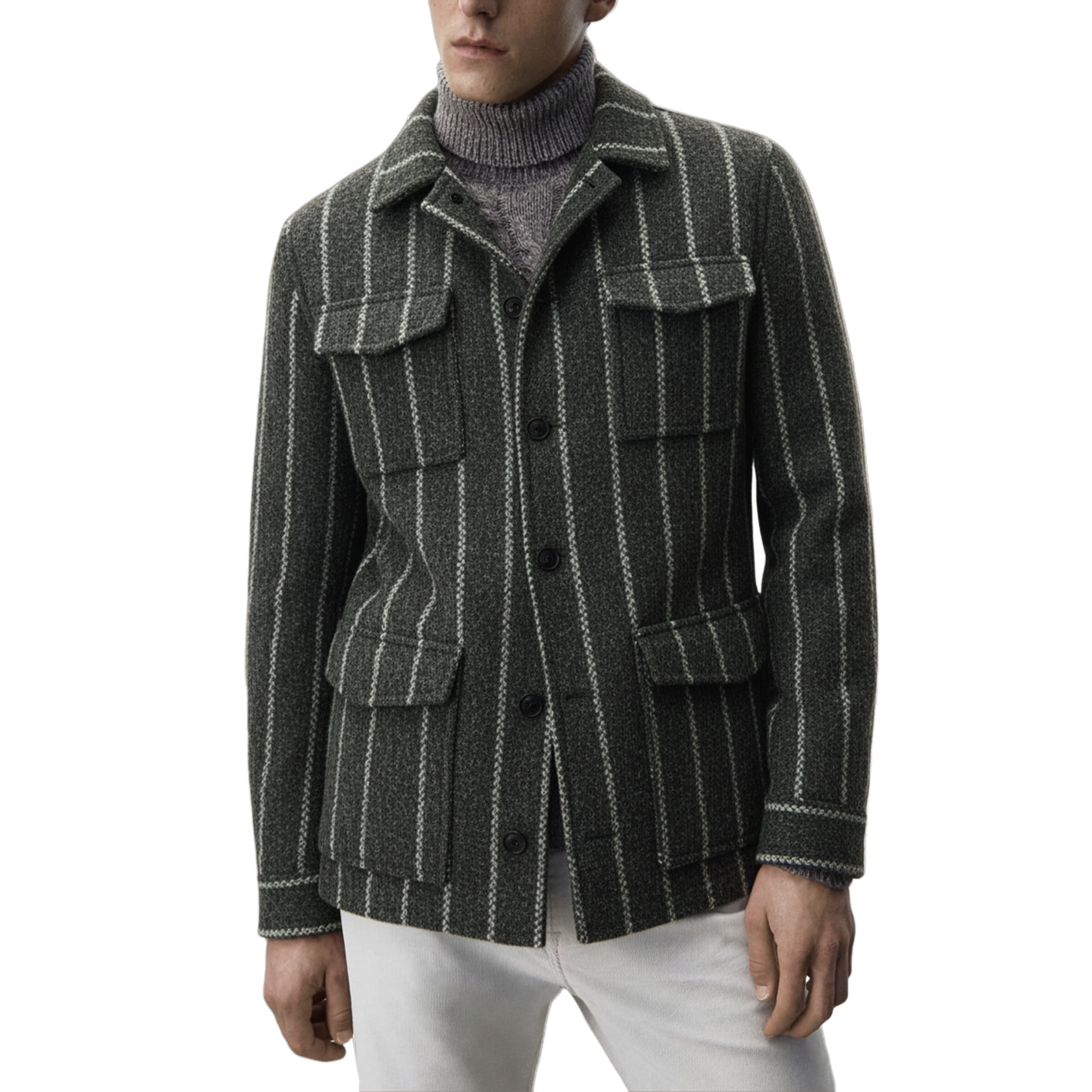 Men's Classic Retro Vertical Striped Faux Woolen Multi-pocket Jacket MTA2491I0K