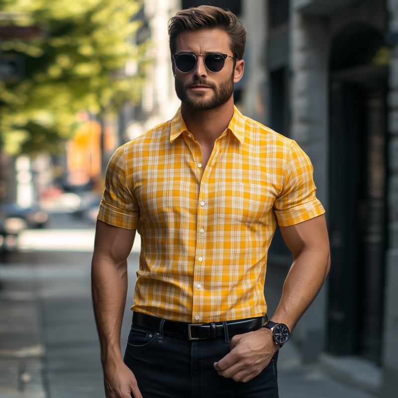 Men's Casual Breathable Cotton Plaid Lapel Slim Fit Short Sleeve Shirt MTA1160F5M
