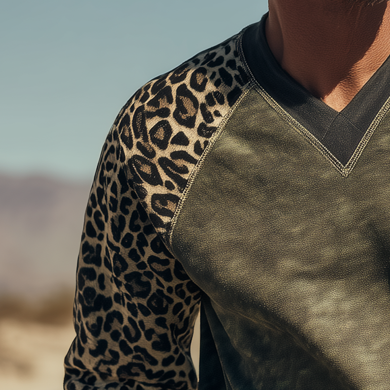 Men's Vintage Leopard Print Cotton Blend V-Neck Sweatshirt MTA1422H3P