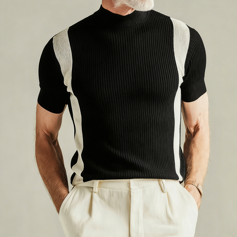 Men's Retro Casual Knit Striped High Neck Short Sleeve T-Shirt MTZ0455B0TO
