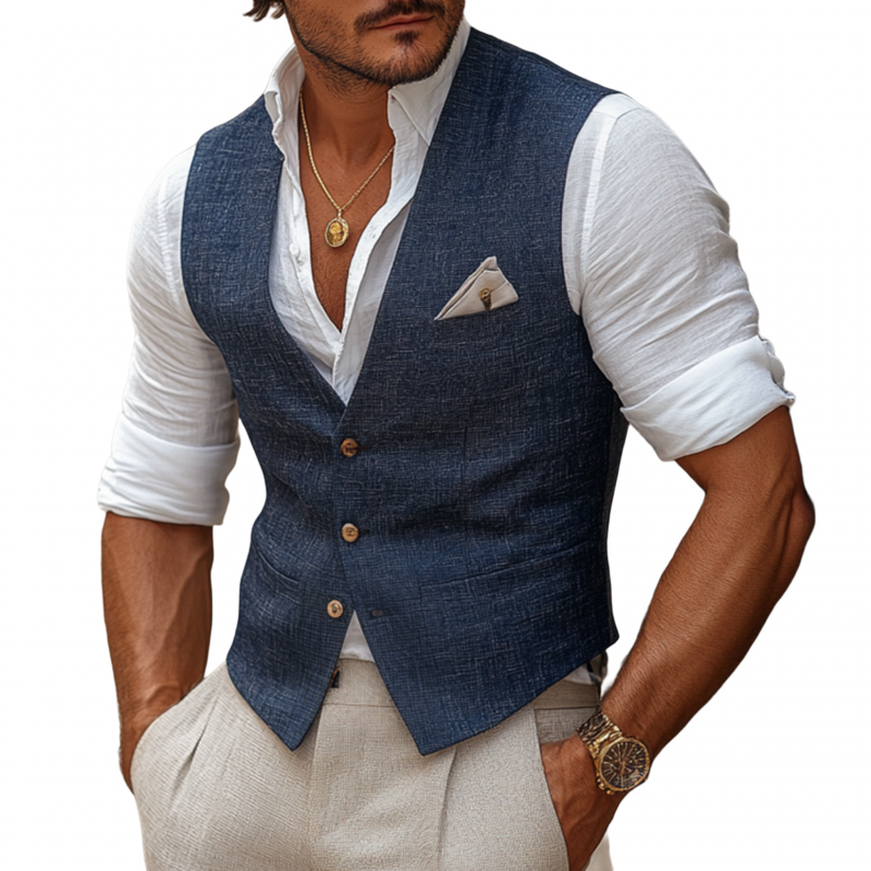 Men's Casual Breathable Linen V-neck Single-breasted Slim-fit Suit Vest MTA2147G9M