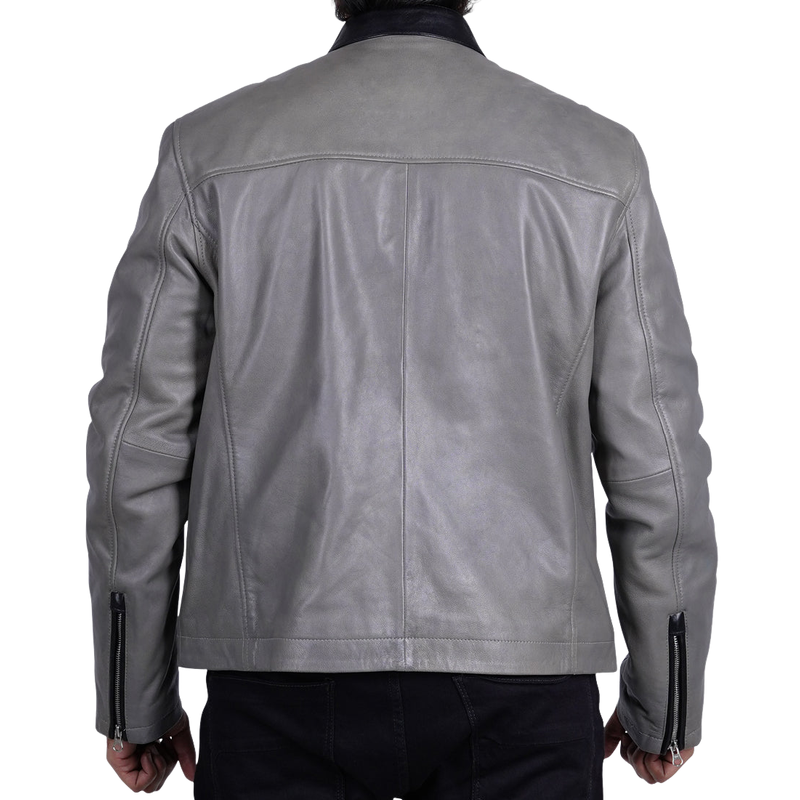 Men's Casual Multi-Pocket Stand Collar Zipper Leather Jacket 30773656F