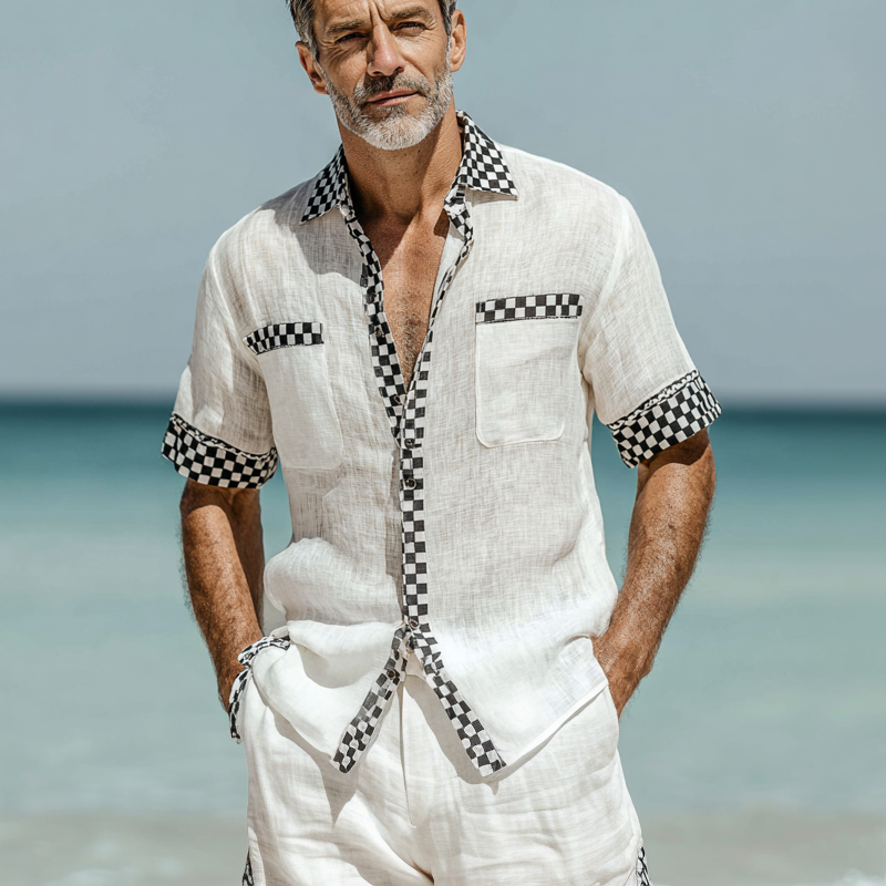 Men's Casual Cotton And Linen Plaid Short-sleeved Shirt MTA1554G0X