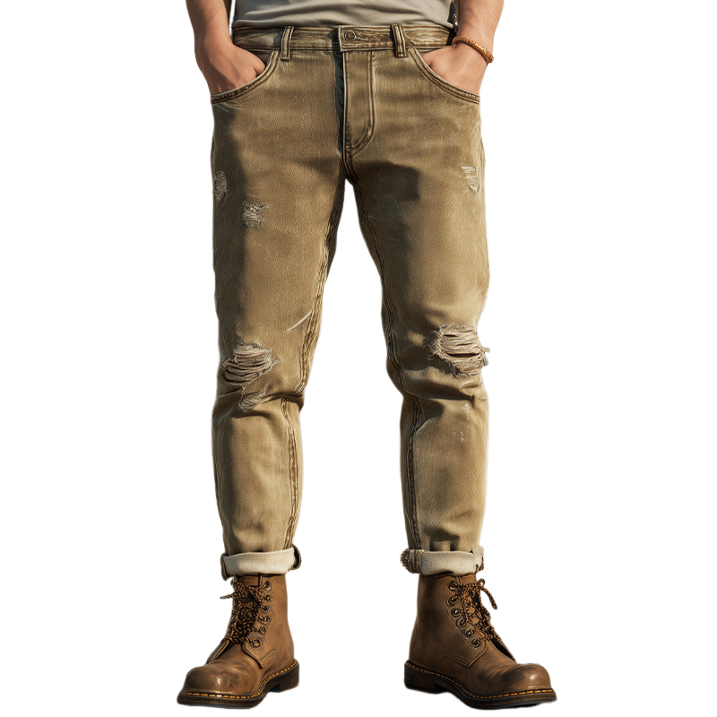 Men's Vintage Fashion Khaki Ripped Jeans MTA0968I8U