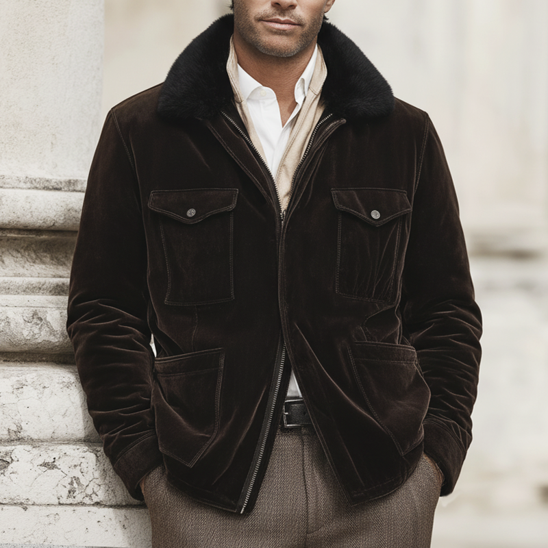 Men's Classic Chocolate Brown Velvet  Fur Collar Jacket MTA2455K5U