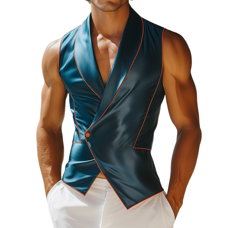 Men's Summer Fashion Casual Green Collar Satin Slim Irregular Design Vest MTA2300F6K