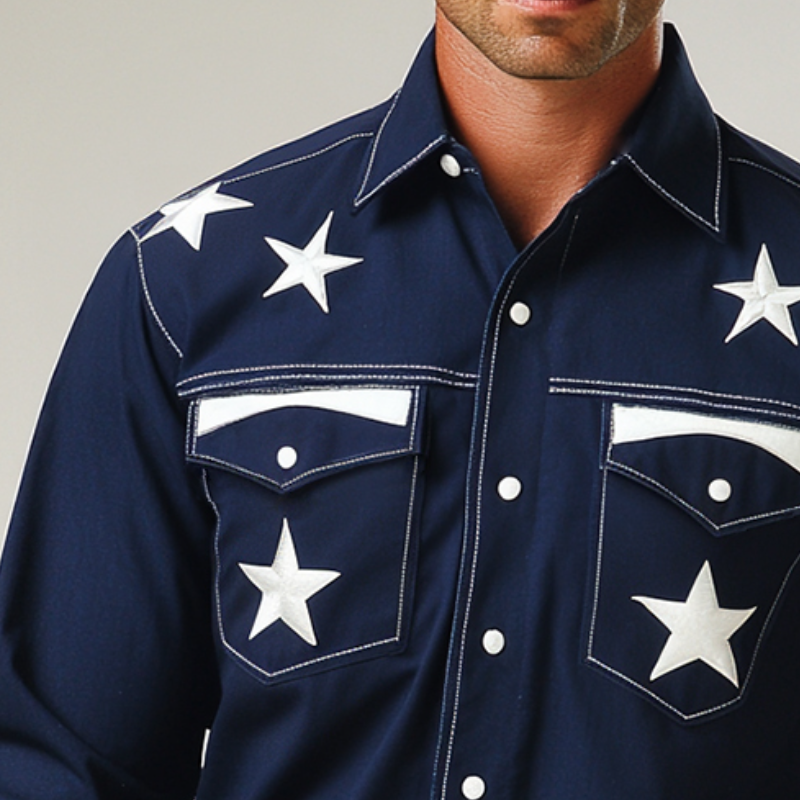 Men's Retro Western Cowboy Style Star Embroidered Lapel Long Sleeve Shirt MTA0618E2TO