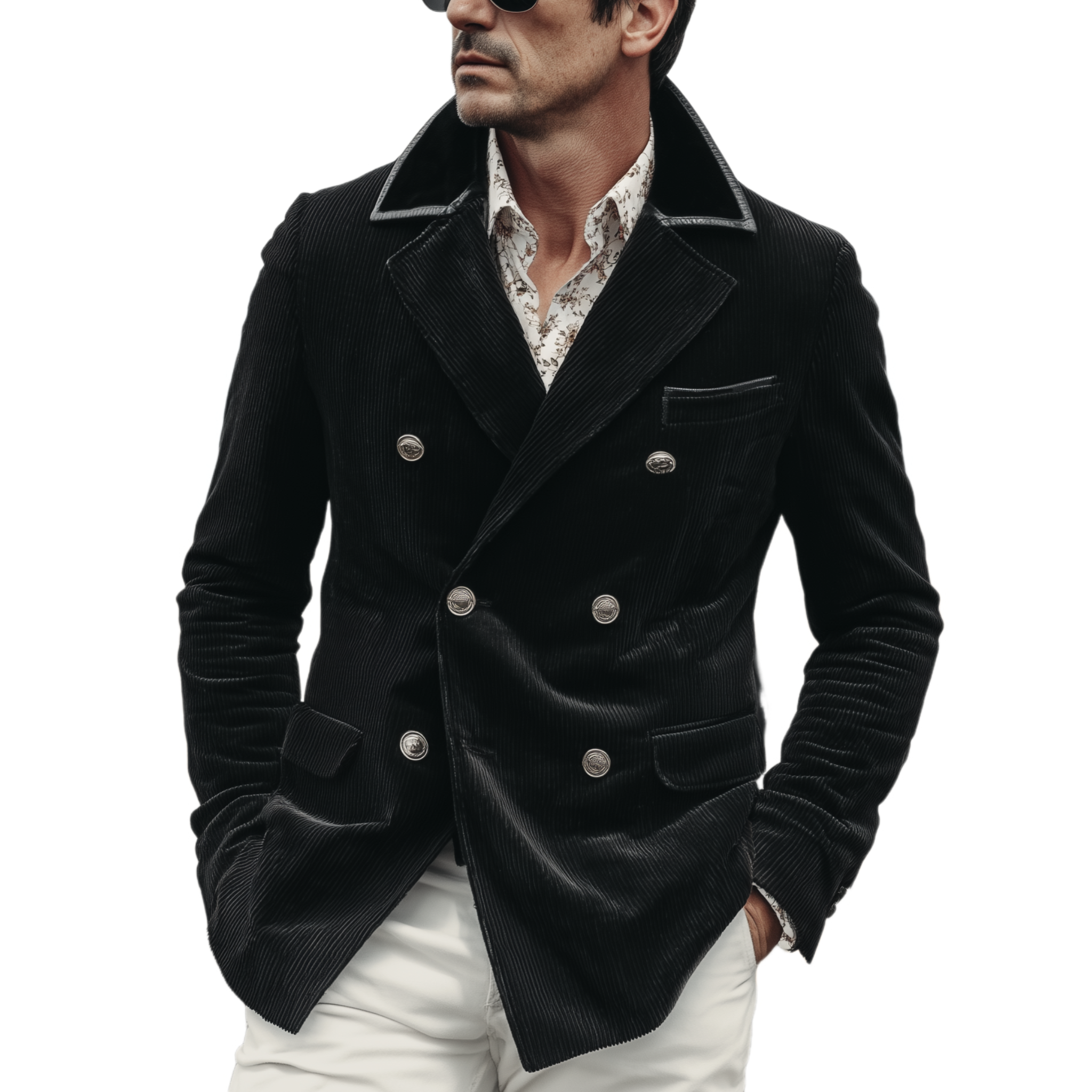 Men's Classic Retro Corduroy Double-breasted Collar Spliced PU Leather Slim-fit Blazer MTA1230H5K