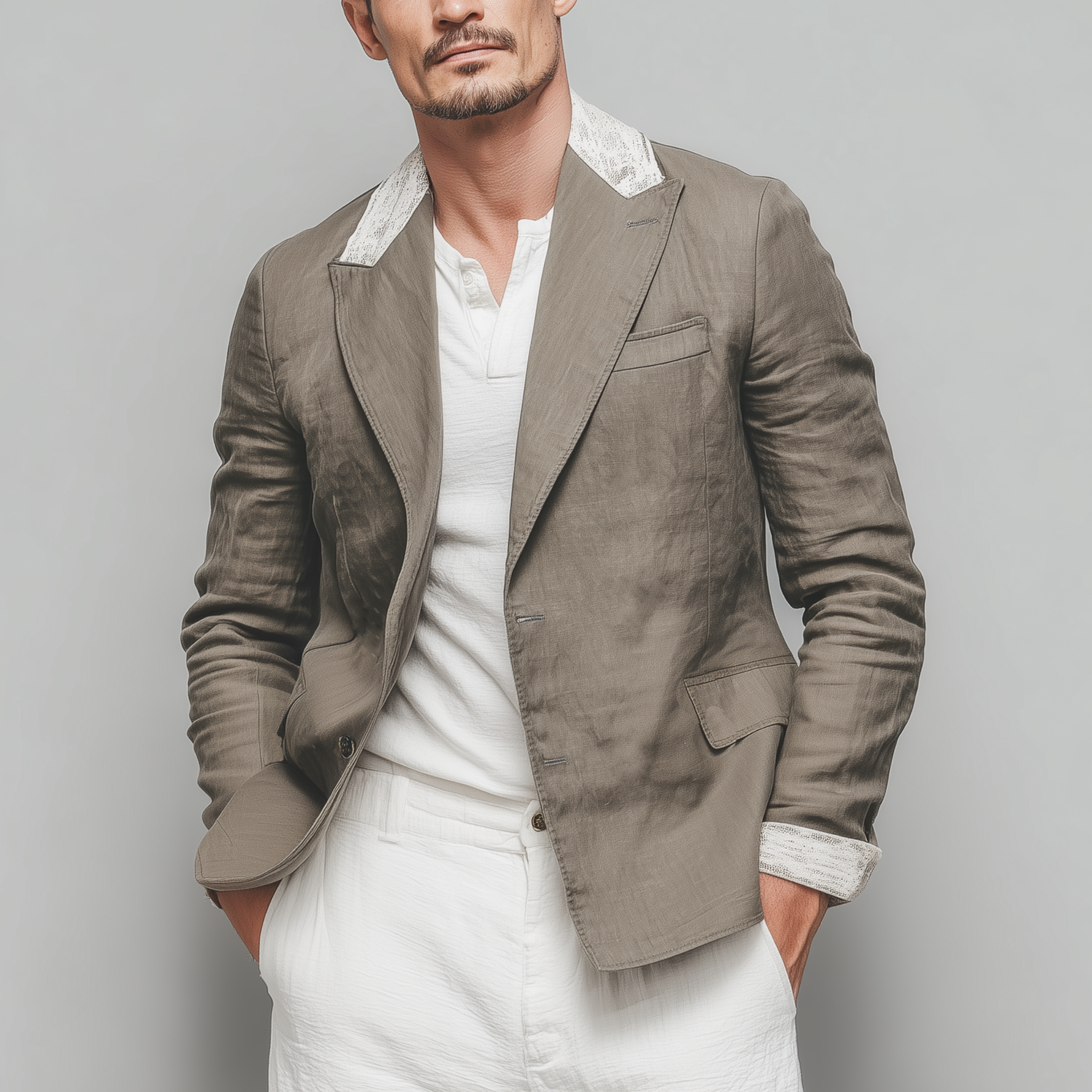 Men's Stylish Casual Cotton And Linen Blend Collar And Cuffs Lace Single-breasted Blazer MTA2546G1K