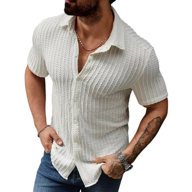 Men's White Jacquard Texture Slim Short Sleeve Shirt 71525715U