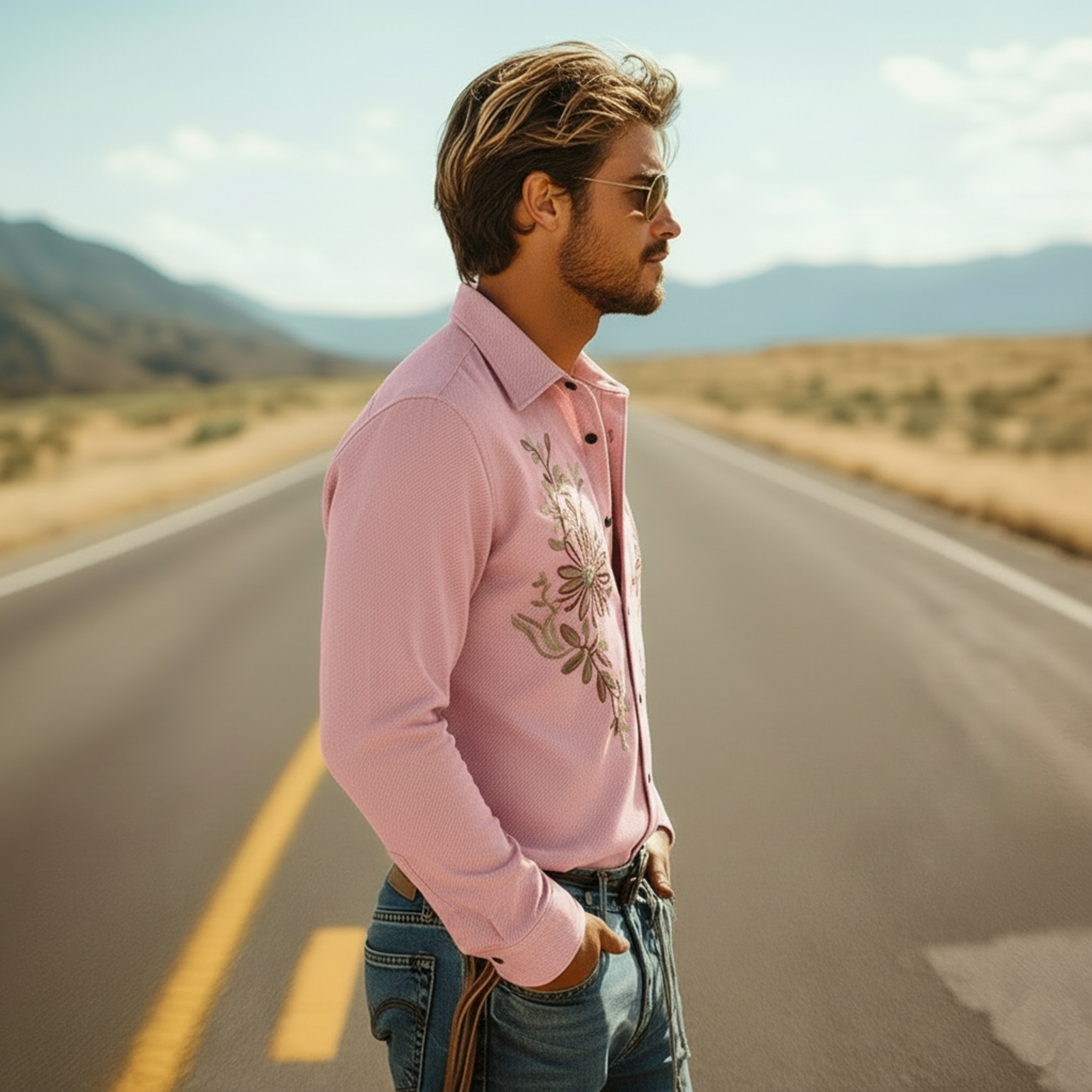 Men's Classic Casual Twill Cotton Embroidered Long-sleeved Shirt MTZ0942A8K