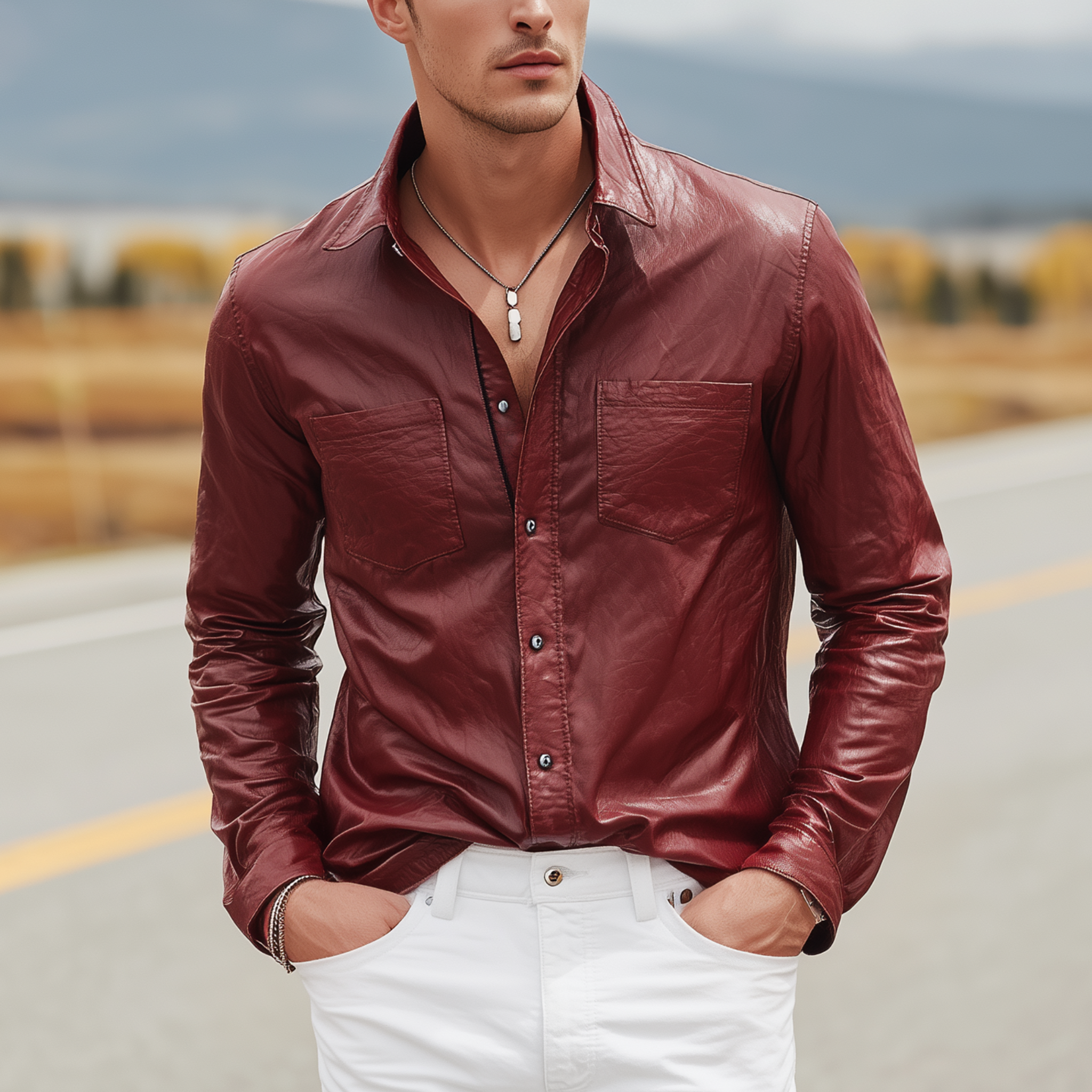 Men's Fashion Casual Pu Leather Slim Fit Metal Button Long Sleeve Shirt MTA0453H3K