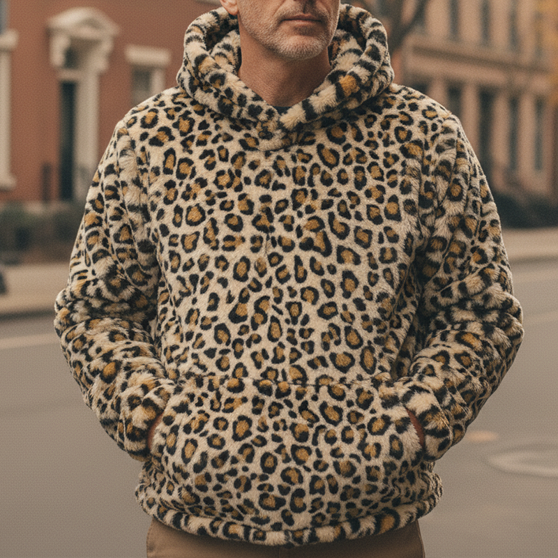 Men's Retro Casual Street Style Warm Leopard Print Plush Hoodie MTA2443I1TO