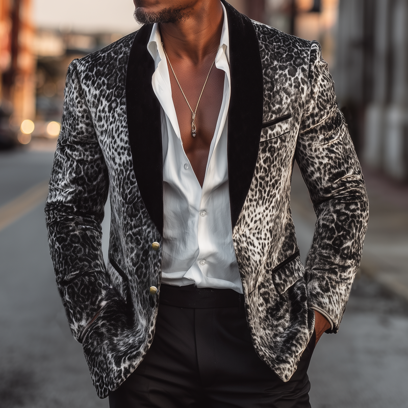 Men's Vintage Leopard Velvet Two-Button Lapel Blazer MTA2884H2U