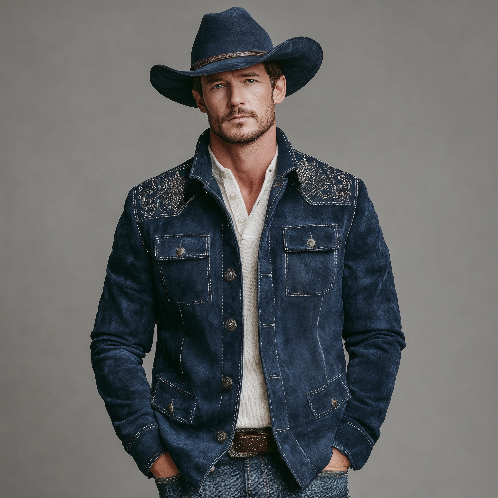 Men's Classic Retro Western Style Embroidered Stand Collar Faux Suede Multi-Pocket Jacket MTA2401K4K