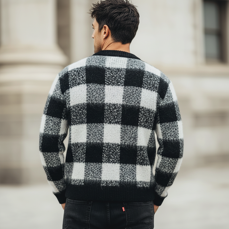 Men's Urban Three-Button Henley Collar Checkered Knit Sweater MTA1496K7U