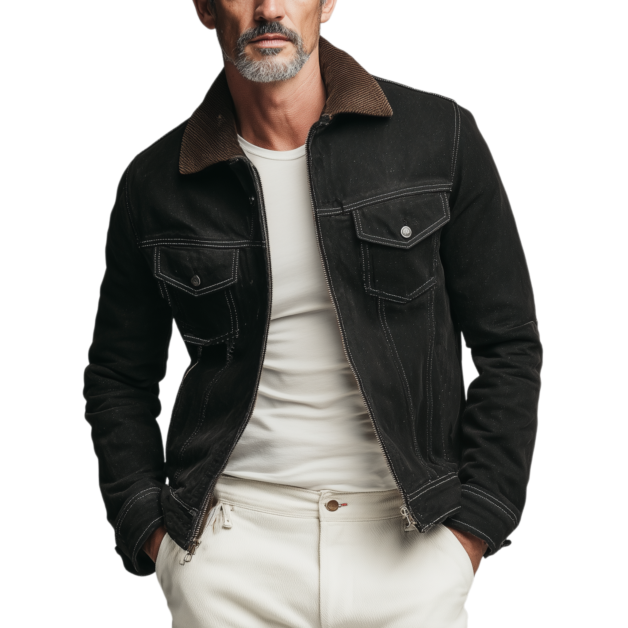 Men's Classic Casual Corduroy Collar Zip-up Cotton Twill Slim-fit Jacket MTA0704H2K
