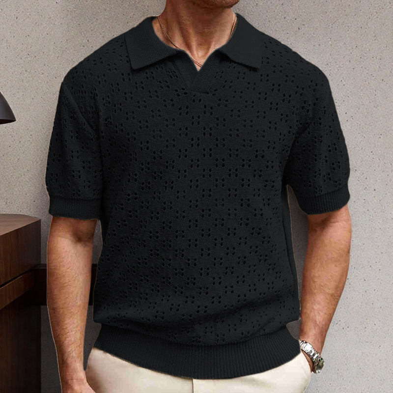 Men's Solid Color Knitted Texture Short Sleeve POLO Shirt MTA0631E0X