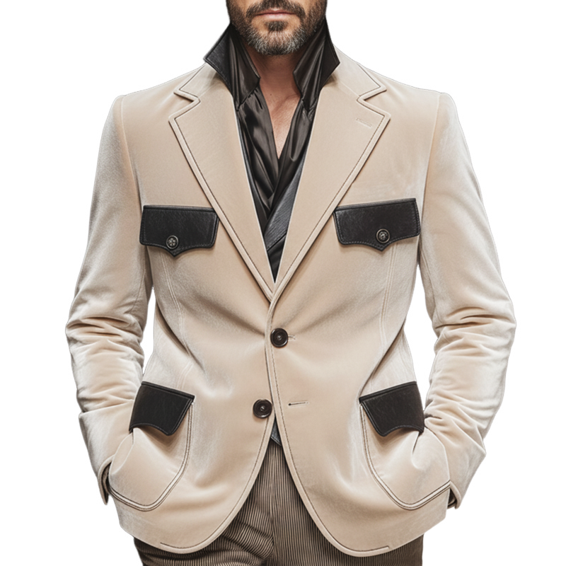 Men's Classic Business Velvet And PU Leather Patchwork Two-Button Blazer MTA1788L9U