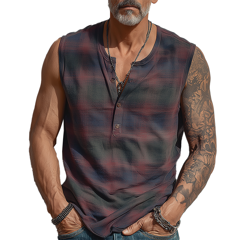 Men's Summer Fashion Contrast Print Cotton Blend Sleeveless Henley Shirt MTA1647G4P