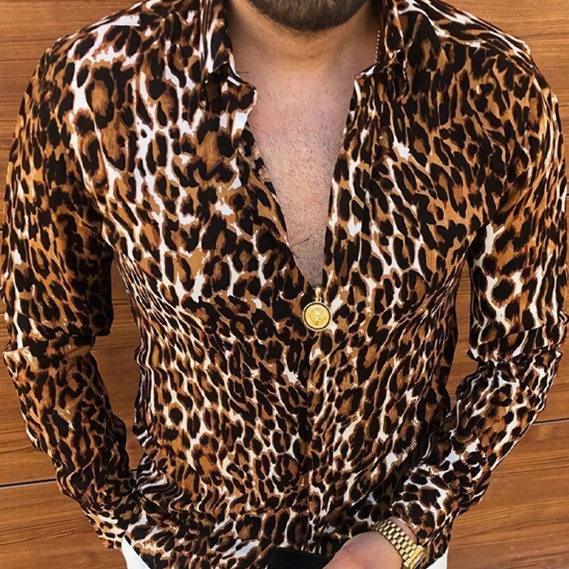 Men's Casual Leopard Print Lapel Zipper Long Sleeve Shirt 67960456U