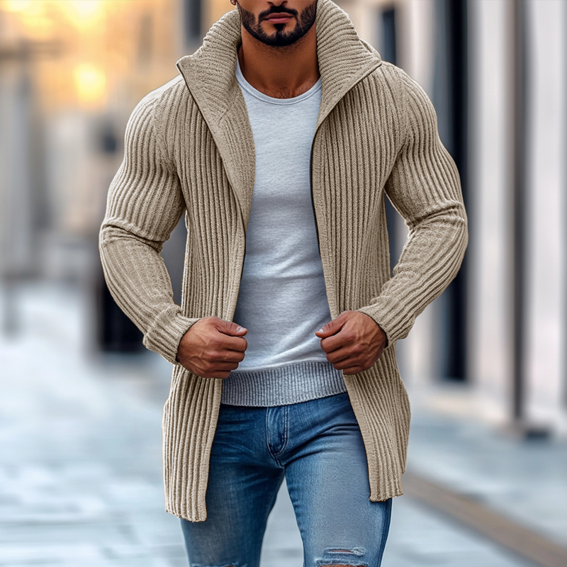 【Spedizione in 24 ore】 Colletto rialzato da uomo a maniche lunghe a righe solide Cardigan in maglia di media lunghezza 70689538Z