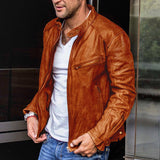 Men's Vintage Stand Collar Punk Zipper Leather Biker Jacket 03694388M