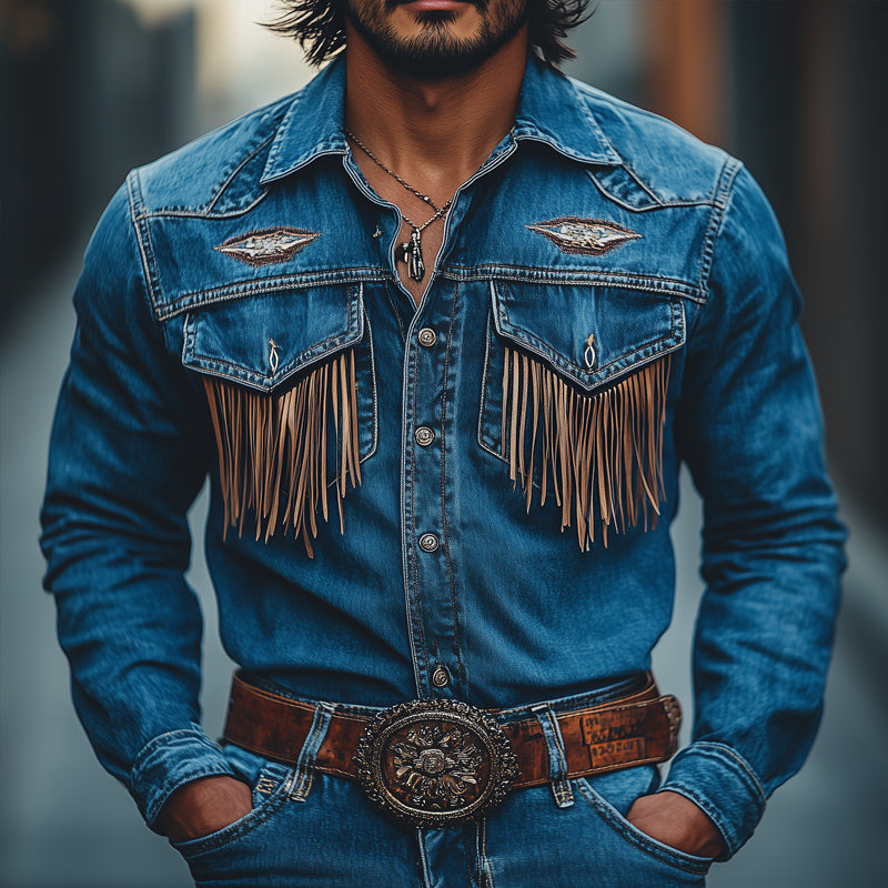 Retro Western Cowboy Broderi Dusk Denim Langermet skjorte for menn 31891772U