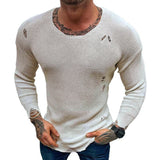 Men's Casual Round Neck Thin Long Sleeve Ripped Knitted Sweater 82922545M